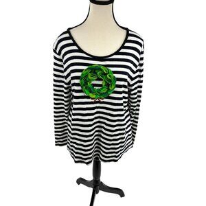 Nouveaux T Shirt Womens XL Black White Stripe Top Christmas Wreath Long Sleeve